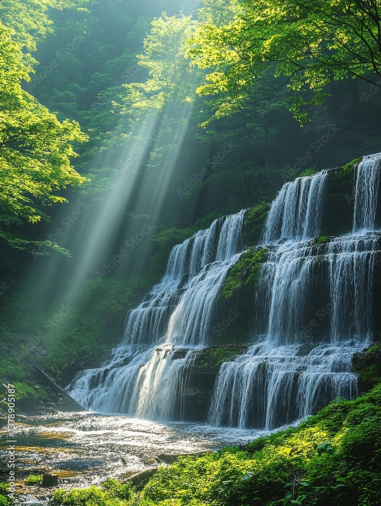Naklejka premium Sunlit cascading waterfall amidst lush greenery in serene forest setting