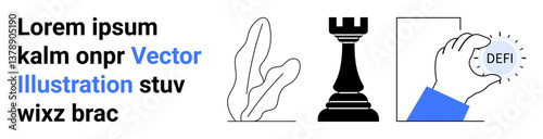 Chess rook, abstract shapes, and a hand holding financial token represent strategy, growth, and analysis. Ideal for business strategy, finance, investment, decentralization startups innovation