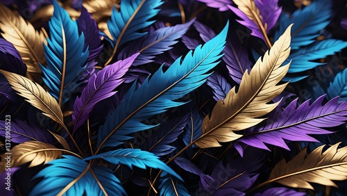 Luxurious abstract image featuring vibrant teal, purple, and gold leaves. Ideal for design projects needing a sophisticated, opulent feel.