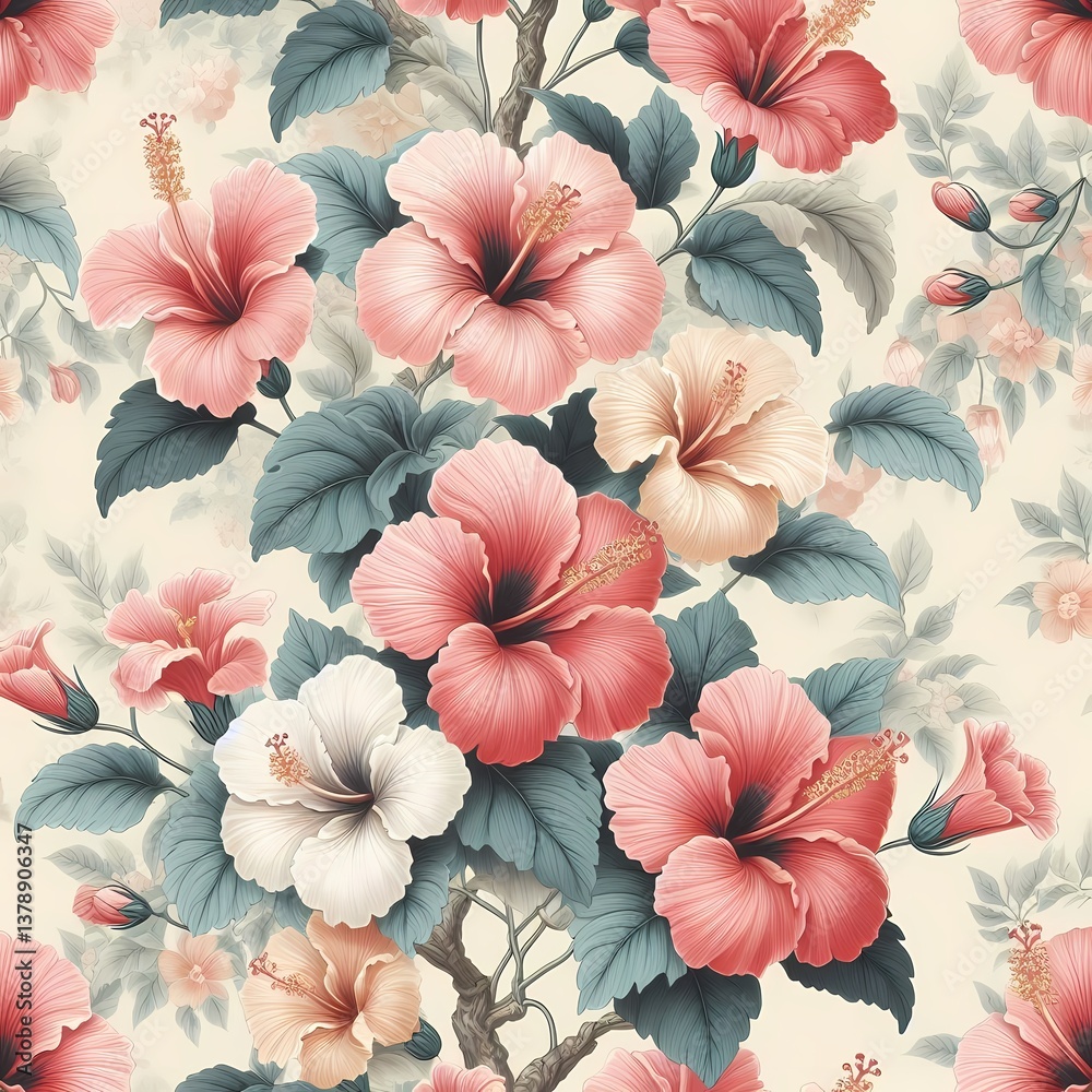 custom made wallpaper toronto digitalElegant Seamless Pattern of Delicate Pink and White Hibiscus Flowers with Lush Green Leaves on a Soft Beige Background