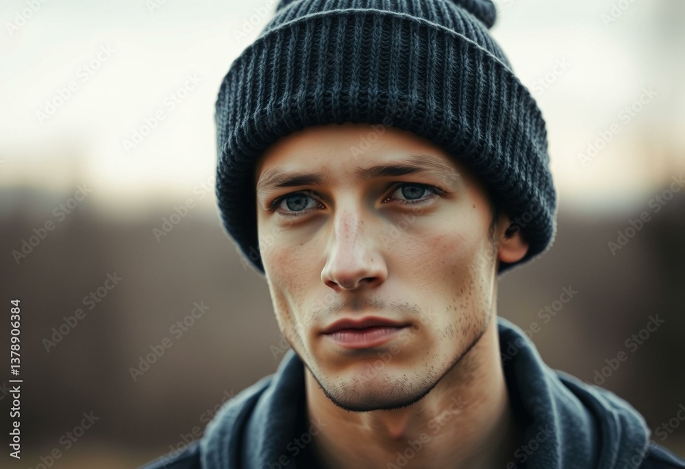 Photorealistic portrait of a male individual wearing a beanie hat and looking thoughtful Photorealistic portrait of a male individual wearing a beanie hat and looking thoughtful