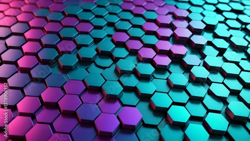 Abstract 3D rendering of a vibrant hexagonal pattern with a gradient of teal and purple hues, creating a dynamic and modern design.