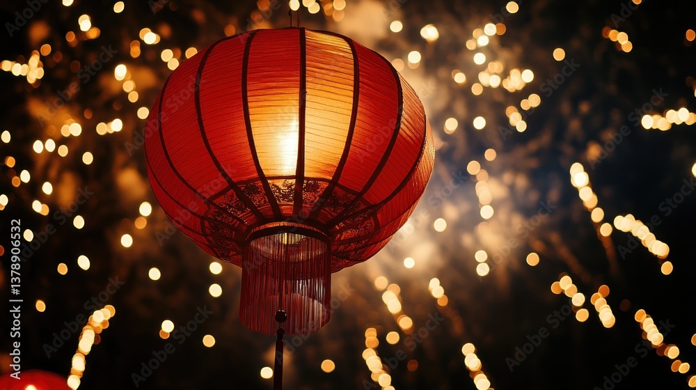 Obraz premium Red Lantern and Fireworks Display