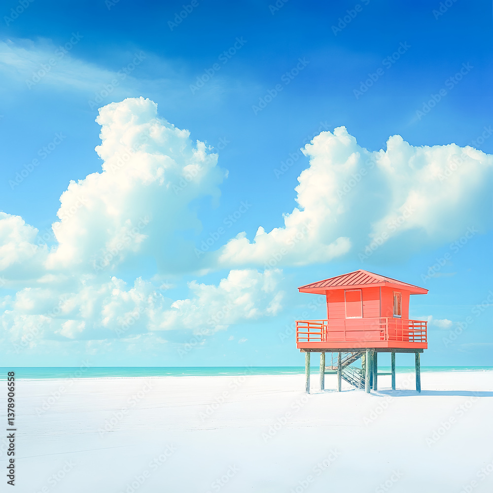 Fototapeta premium Vibrant Pink Lifeguard Tower by Tranquil Sea Under Bright Clouds