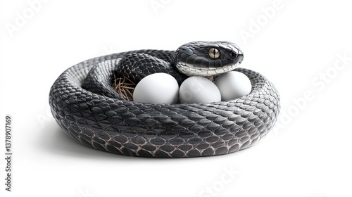 Black Snake Protecting White Eggs in Nest on White Background