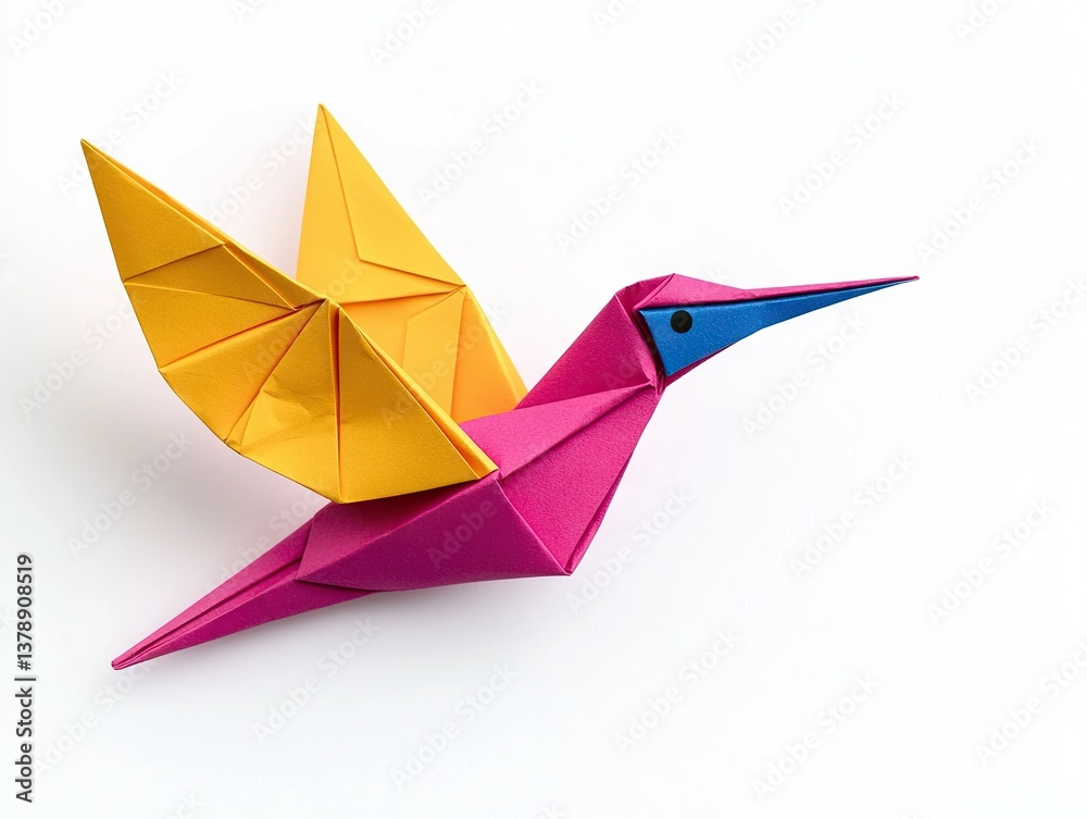 Fototapeta premium Colorful origami hummingbird art creative studio paper sculpture indoor environment artistic perspective