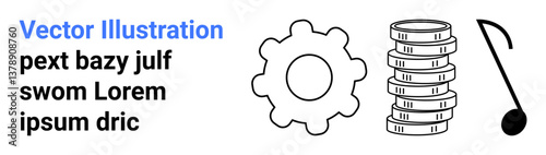 Gear symbolizing industry, stacked coins for finance, and a music note for creativity. Ideal for innovation, economics, productivity, technology, business, design and a simple landing page