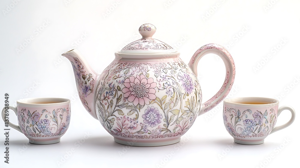 A lovely porcelain teapot with delicate floral patterns in pastel colors of pink and lavender, complemented by matching teacups, intricate details and subtle highlights on the glaze, solid ltra HD A lovely porcelain teapot with delicate floral patterns in pastel colors of pink and lavender, complemented by matching teacups, intricate details and subtle highlights on the glaze, solid ltra HD