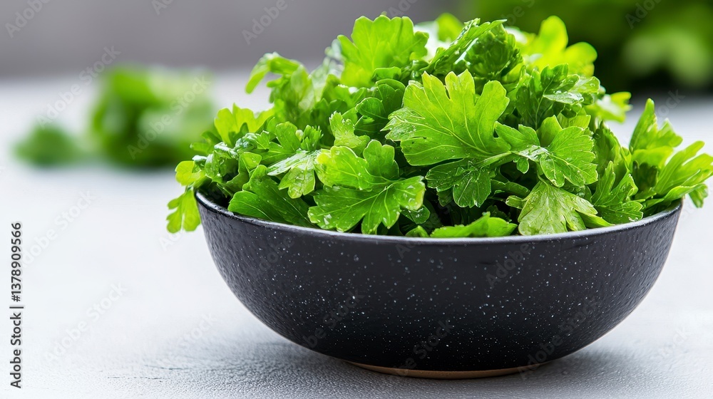 Freshly harvested parsley leaves in a decorative bowl isolated on a crisp white background for culinary presentation Freshly harvested parsley leaves in a decorative bowl isolated on a crisp white background for culinary presentation