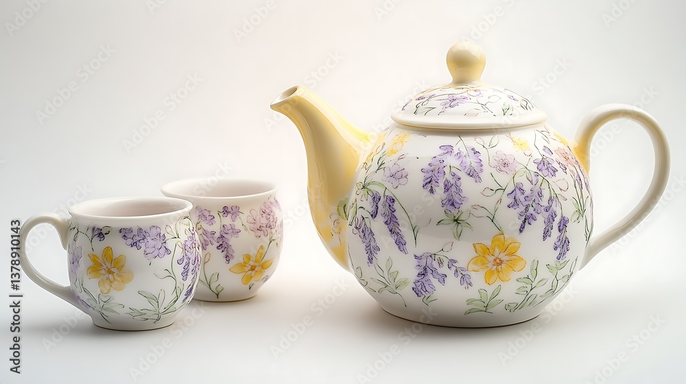 A lovely porcelain teapot with delicate floral patterns in pastel colors of lavender and yellow, complemented by matching teacups, intricate details and subtle highlights on the glaze, solid
A lovely porcelain teapot with delicate floral patterns in pastel colors of lavender and yellow, complemented by matching teacups, intricate details and subtle highlights on the glaze, solid