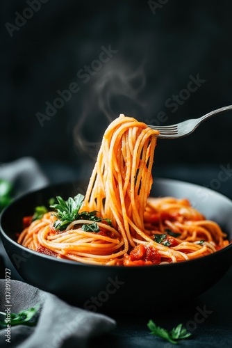 Forkful of steaming spaghetti with tomato sauce in dark bowl, appetizing food photography