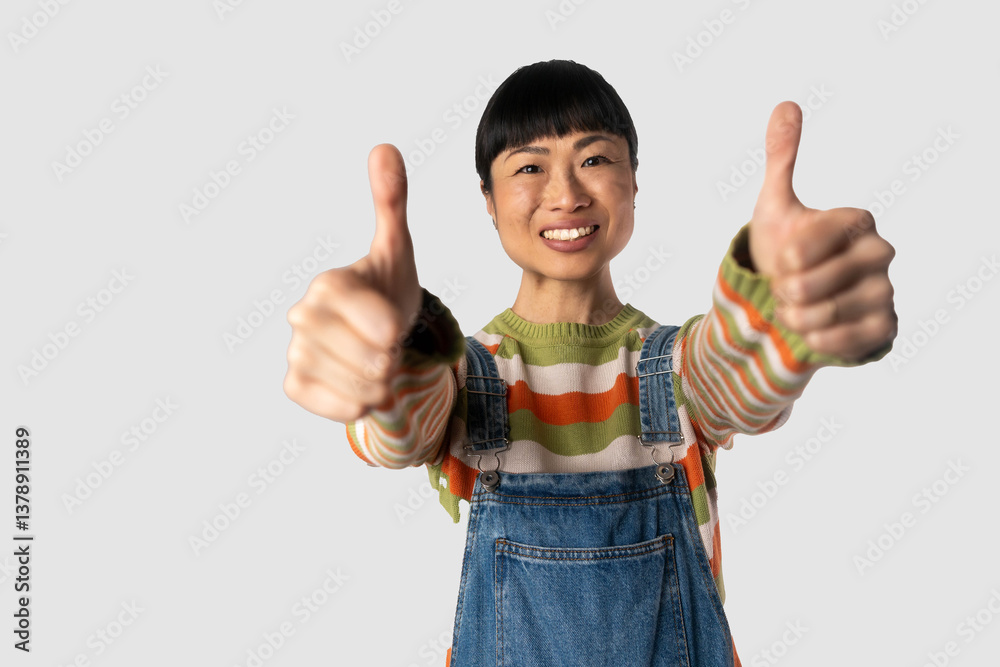 A smiling woman giving a thumbs-up, showing positivity and confidence. She stands in a bright, professional environment, exuding happiness and success. A smiling woman giving a thumbs-up, showing positivity and confidence. She stands in a bright, professional environment, exuding happiness and success.