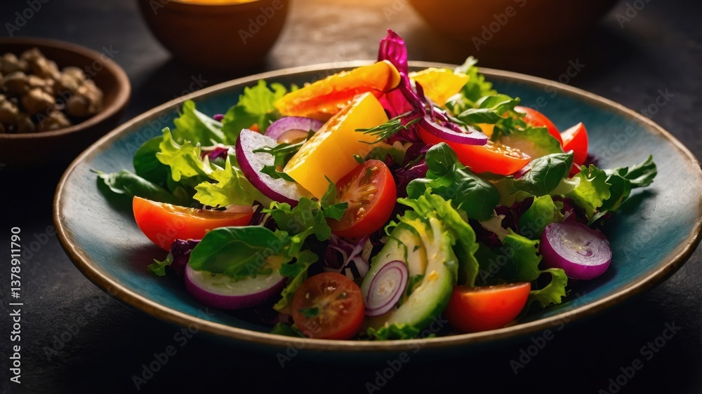 Colorful fresh salad with various vegetables served in a stylish bowl at a rustic table setting in a warm light environment Colorful fresh salad with various vegetables served in a stylish bowl at a rustic table setting in a warm light environment