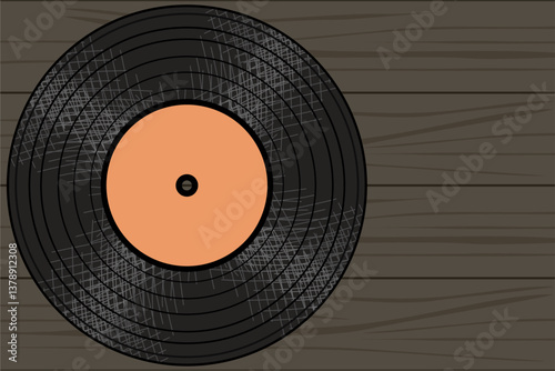 Background with vinyl disk retro vintage object music song disco old fashion style wooden background 