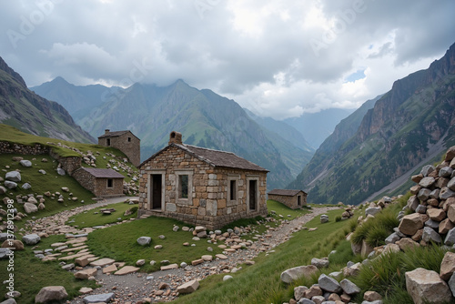 Ancient temple in Pakistan, serene atmosphere, surrounded by misty mountains and rugged terrain, copy space