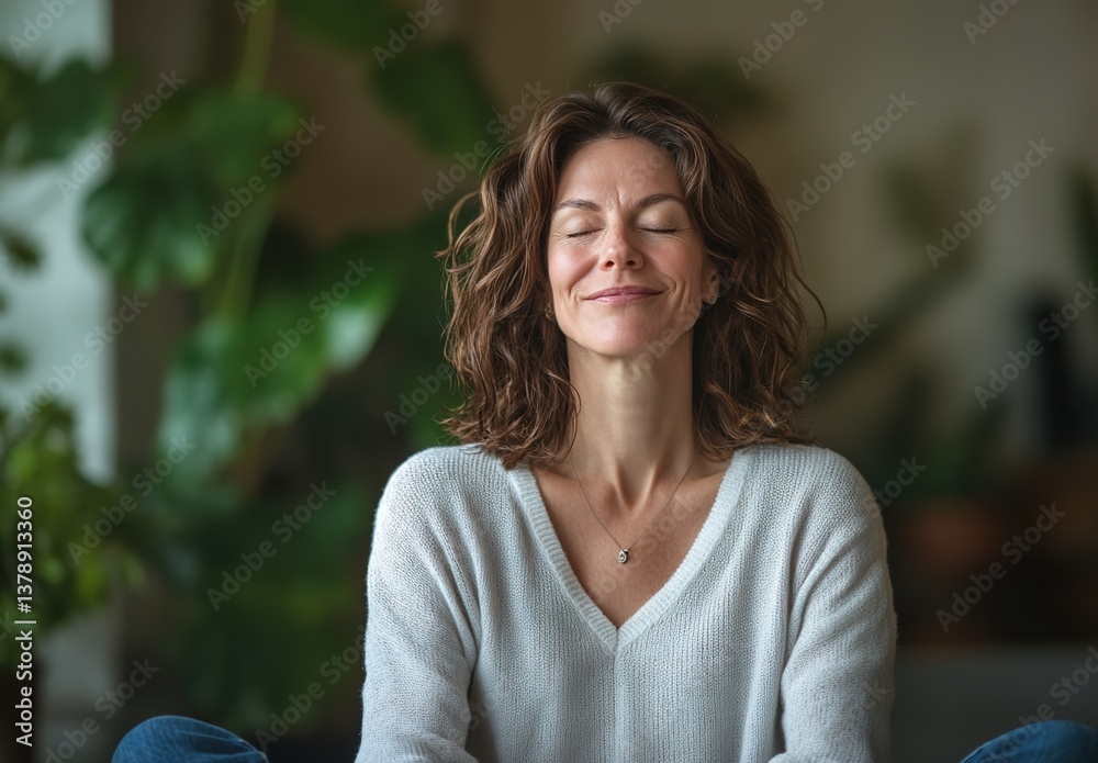 Woman in white sweater sitting by window with green plants, soft natural light, calm and cozy atmosphere, minimalist interior design Woman in white sweater sitting by window with green plants, soft natural light, calm and cozy atmosphere, minimalist interior design