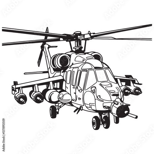 Fighting Helicopter Line Art vector illustration isolated on white background