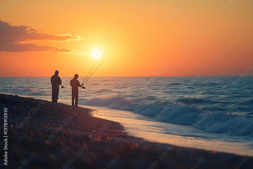 Fototapeta premium Coastal fishing in the sunset glow
