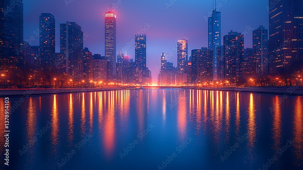 Fototapeta premium Chicago downtown skyline colorful lights high resolution photo