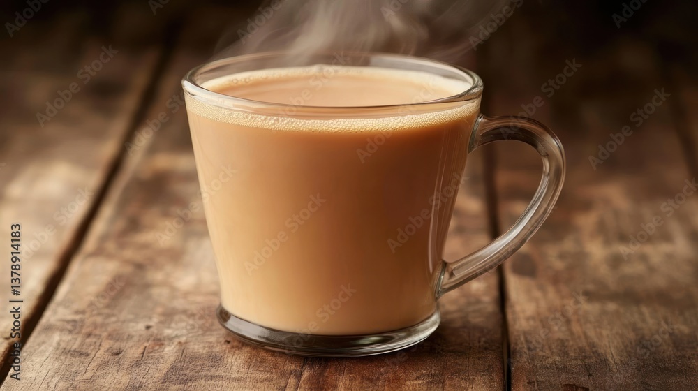 Steaming cup of tea on rustic wooden table Steaming cup of tea on rustic wooden table