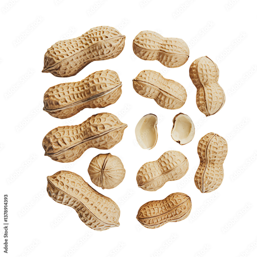 A delightful collection of peanuts in their shells, playfully arranged in a circle against a bright white background showcasing their natural earthy tones and textures. A delightful collection of peanuts in their shells, playfully arranged in a circle against a bright white background showcasing their natural earthy tones and textures.