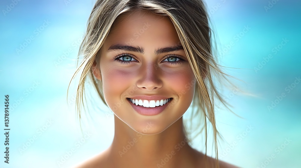 Beautiful blonde woman with radiant smile and bright blue eyes Beautiful blonde woman with radiant smile and bright blue eyes