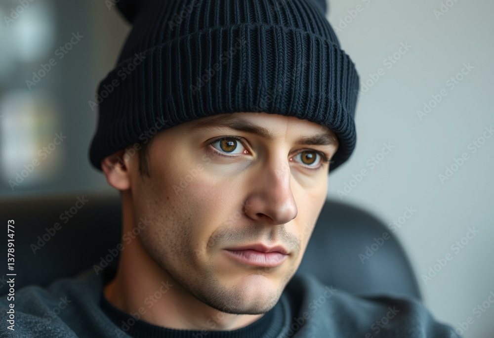 Photorealistic portrait of a man wearing a beanie hat and looking thoughtful Photorealistic portrait of a man wearing a beanie hat and looking thoughtful