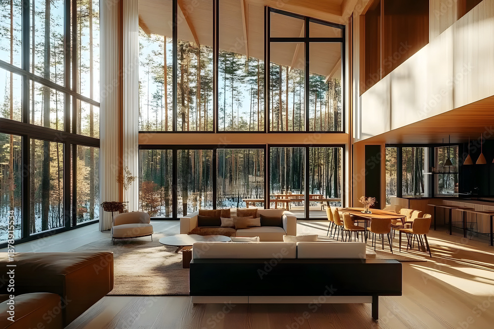 Fototapeta premium Modern open plan living room with large windows overlooking forest