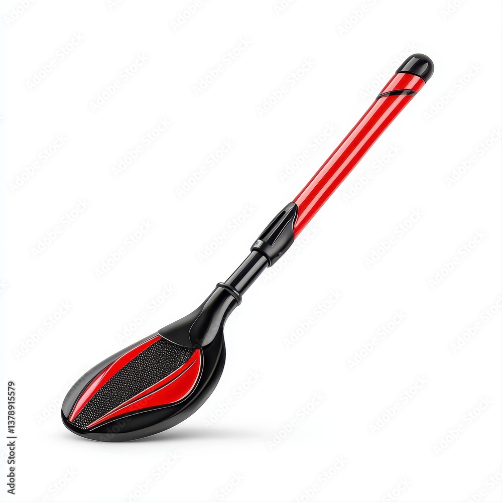 Close-up studio shot of a sleek red and black snow shovel with a long handle angled perfectly against a clean white background for winter use Close-up studio shot of a sleek red and black snow shovel with a long handle angled perfectly against a clean white background for winter use
