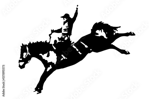 Silhouette of a rodeo cowboy riding a bucking horse in motion