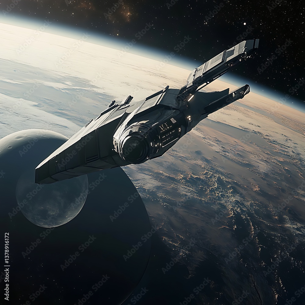 Obraz premium Sci-fi spaceship above earth atmosphere with stunning starfield scene