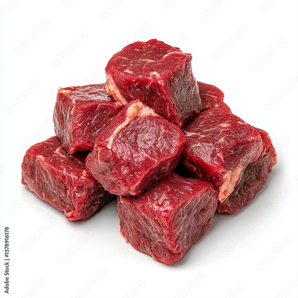 Obraz premium Freshly cut beef cubes of yak meat isolated on white background captured in realistic high-quality photography