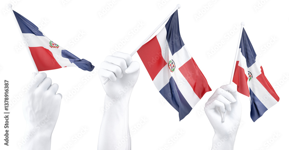 Fototapeta premium Hand holding flag of Dominican Republic. Isolated 3d Rendering