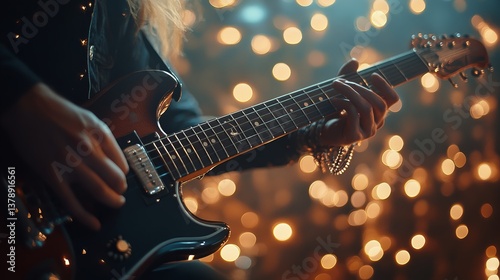 Guitarist playing electric guitar on stage with bokeh lights