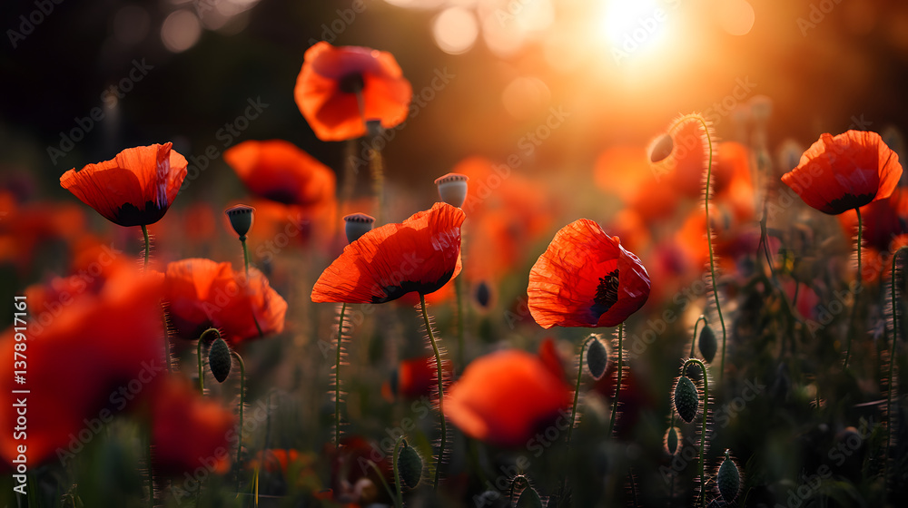 Obraz premium A field of wild poppies in full bloom, their deep red petals contrasting with the bright green grass and the soft glow of the summer sun above.A field of wild poppies in full bloom, their deep red pet