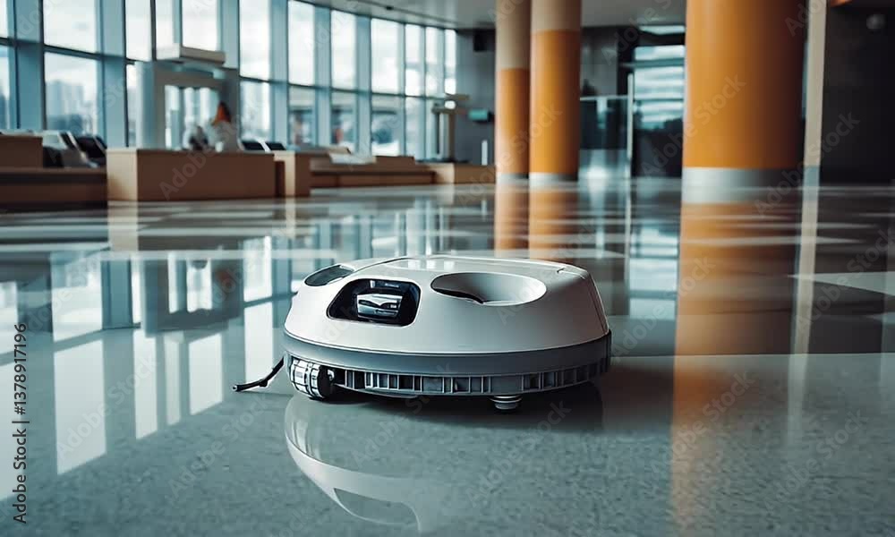 Robot vacuum cleaning a glossy floor in a modern, spacious building