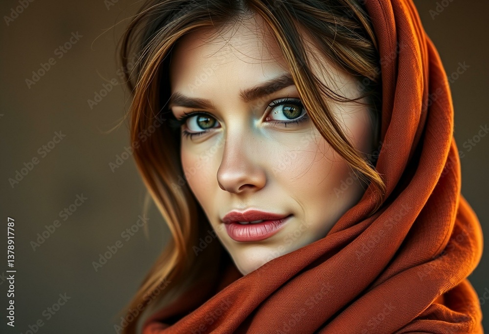 Woman with scarf wrapped around hair, natural light portrait Woman with scarf wrapped around hair, natural light portrait