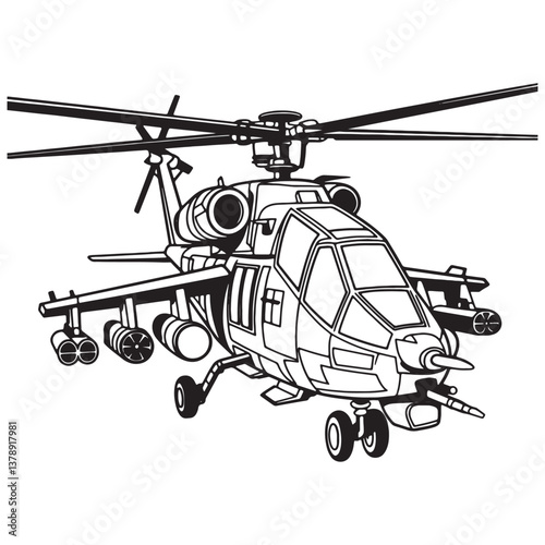 Fighting Helicopter Line Art vector illustration isolated on white background