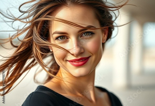Woman with windblown hair in natural light
