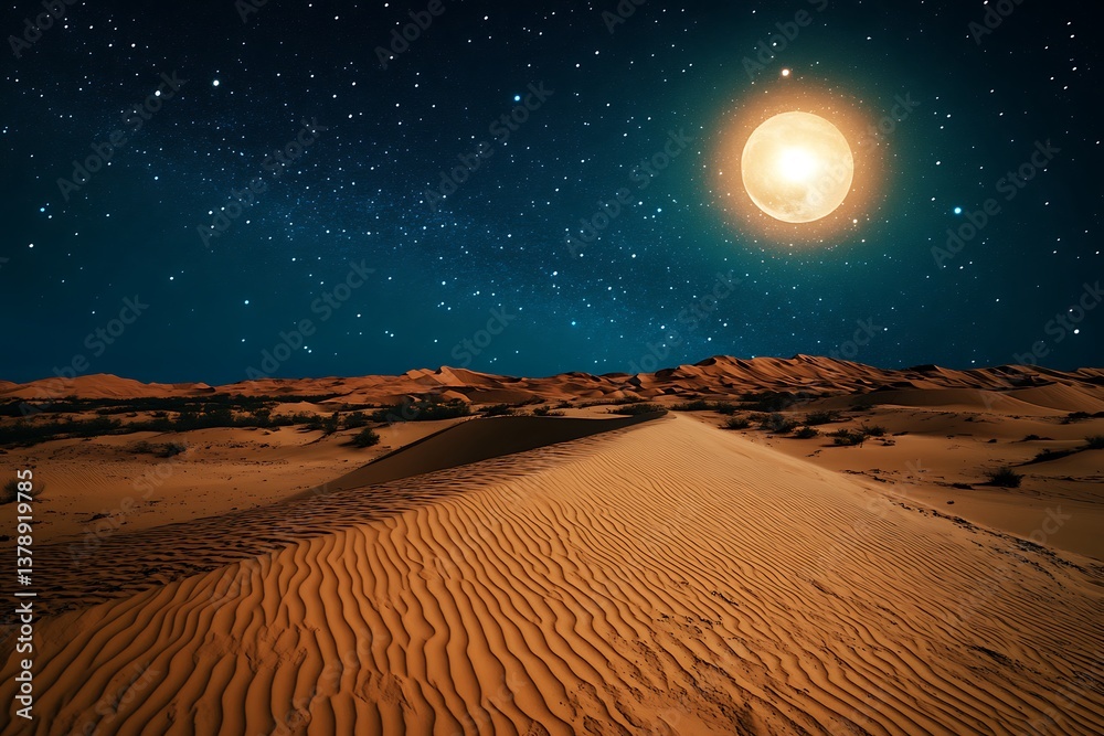 Naklejka premium A desert landscape at night, with a starry sky and a bright moon illuminating sand dunes.