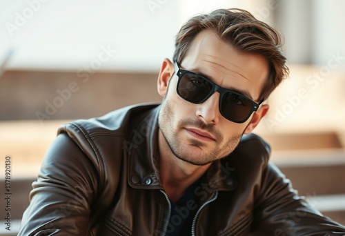Photorealistic portrait of a man in a leather jacket and sunglasses