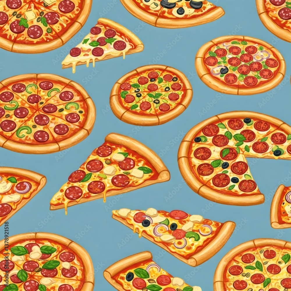 Delicious pizzas with various toppings forming a seamless pattern Delicious pizzas with various toppings forming a seamless pattern