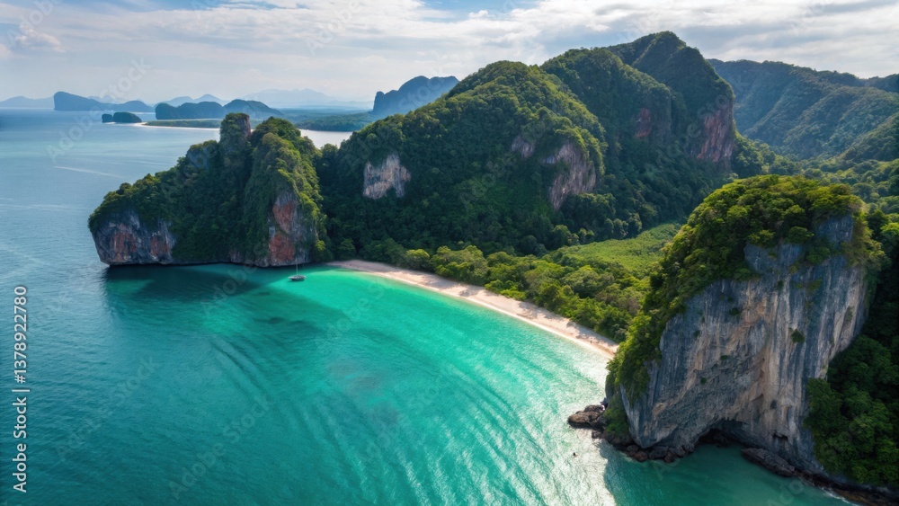 Fototapeta premium Ao Nang Beach Island Cliff Seascape Krabi Thailand Andaman Sea Travel Vacation Aerial view of a tropical beach surrounded by lush green cliffs and clear blue waters.