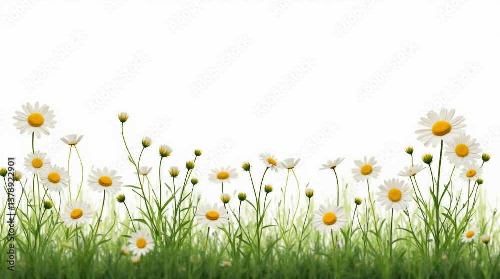Fototapeta premium Fresh Daisy Blossoms – A lush display of white daisies arranged on a white background, capturing the essence of springtime freshness.
