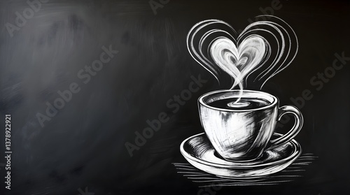 a cup of coffee with steam and heart shape drawn on blackboard, large space for copy