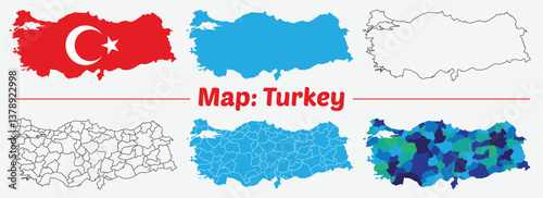 Maps of Turkey Flag, Outline, and Regional Divisions, Turkey country map set. internal provinces borders marked, Simple map of Turkey vector drawing