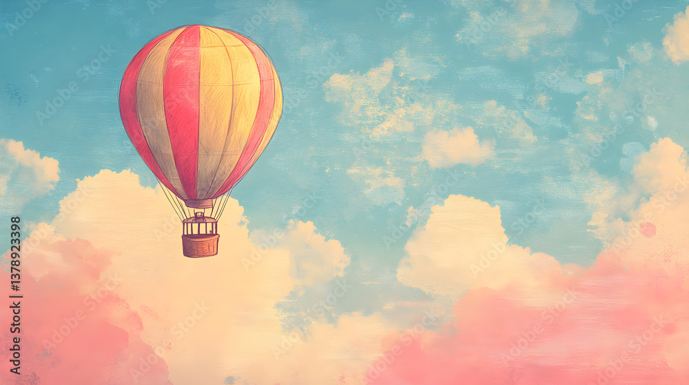 Obraz premium diseño de un globo aerostatico pintado en acuarela sobre un fondo de nubes dibujadas o pintadas con espacio de copia para invitcion o tarjeta infantil