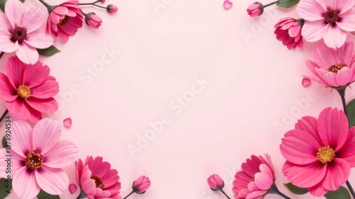 Pink cosmos flowers arranged around soft background with empty space in center.