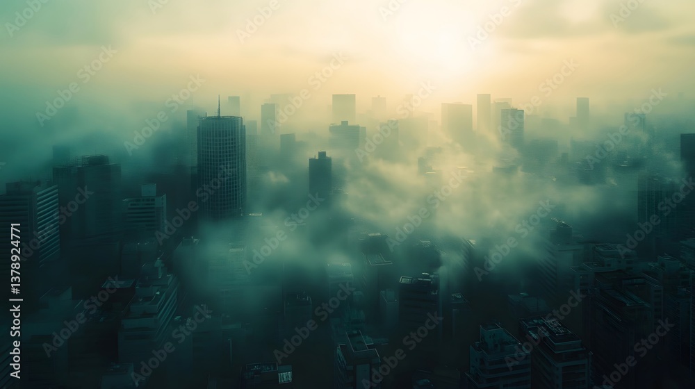 Fototapeta premium Urban buildings faintly visible in the haze