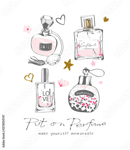 perfume calligraphy slogan with hand drawn perfume bottles vector illustration created by hand drawn